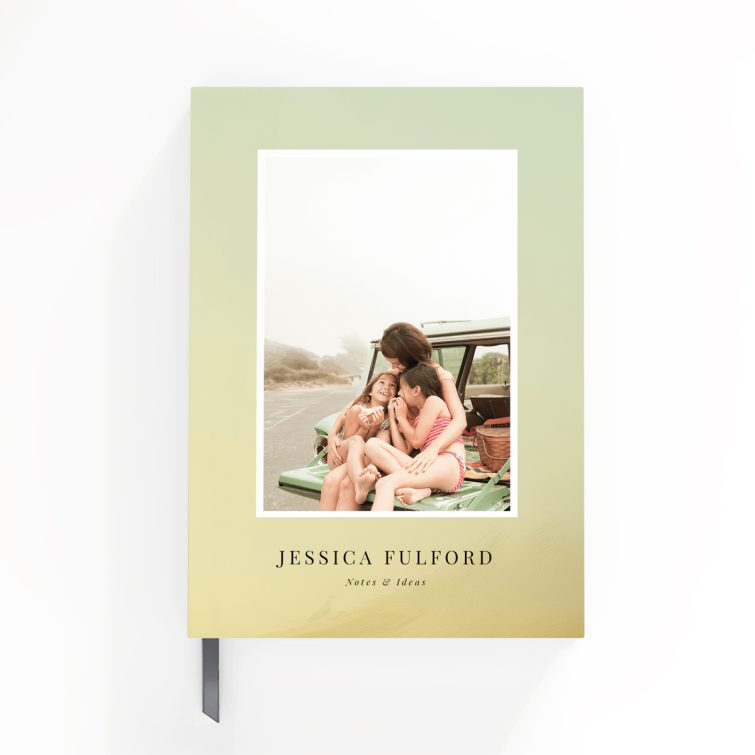 Personalised notebook design with photo on front cover and pastel background, ideal for notes and ideas.