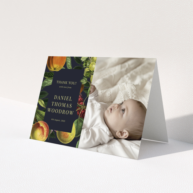 Baby thank you card with botanical design and one photo of a baby