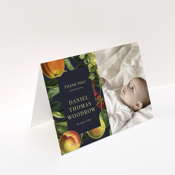 Baby thank you card with botanical design and one photo of a baby