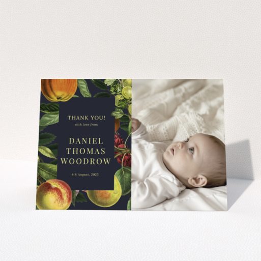 Baby thank you card with botanical design and one photo of a baby