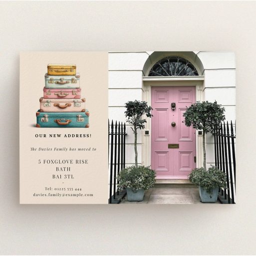 Chic Change of Address Colourful change of address card design featuring stacked suitcases illustration and a pink front door image.
