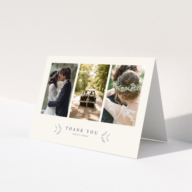 Wedding thank you card with three photos and floral design.