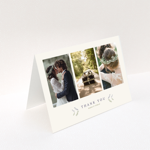 Wedding thank you card with three photos and floral design.