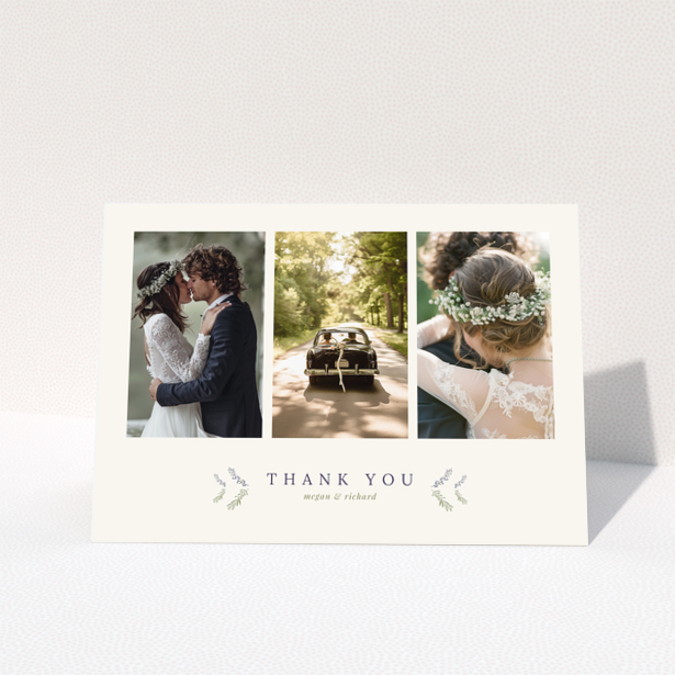 Wedding thank you card with three photos and floral design.