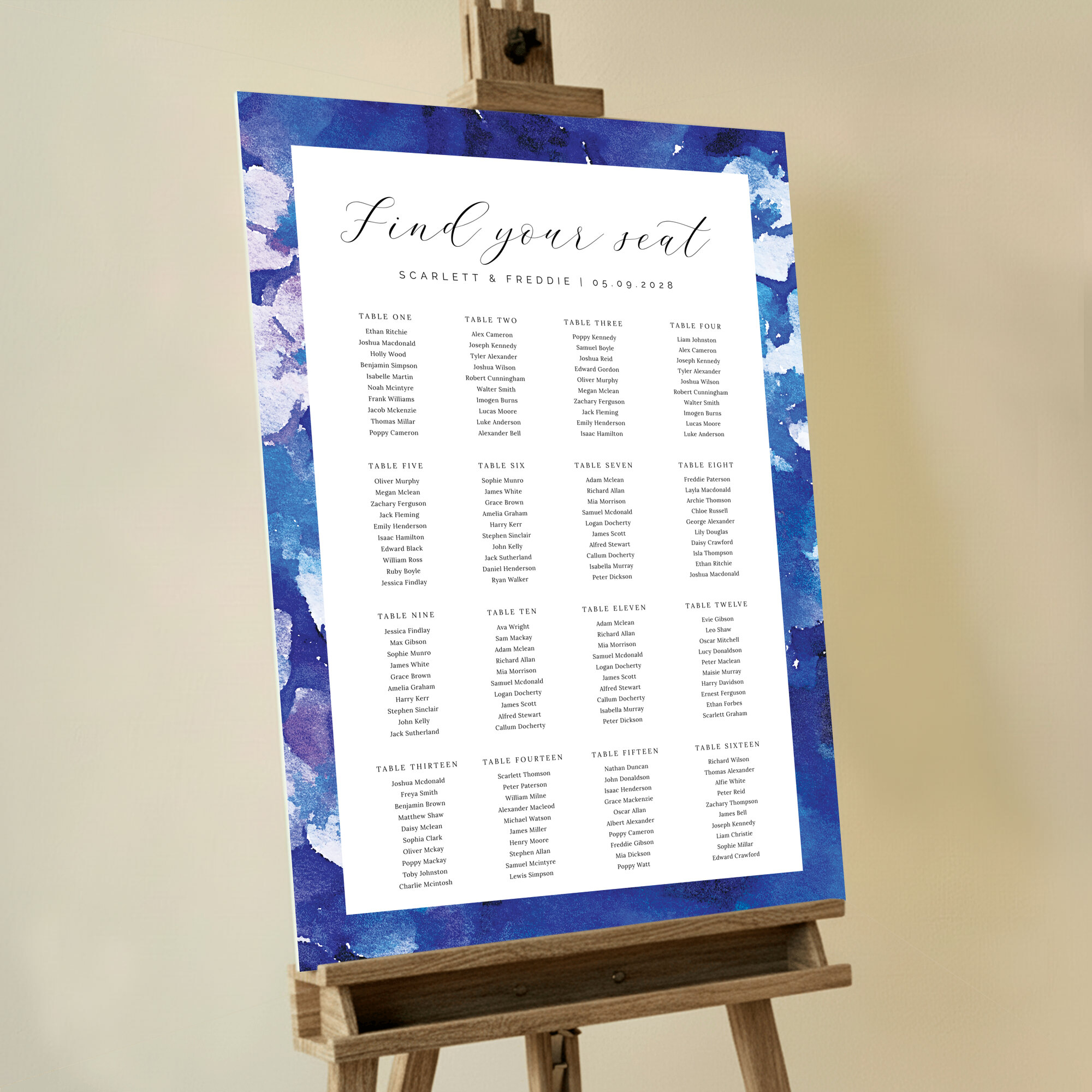 Personalized Violets Foamex Seating Plan with enchanting blue and purple watercolour floral petals. This template shows 16 tables.