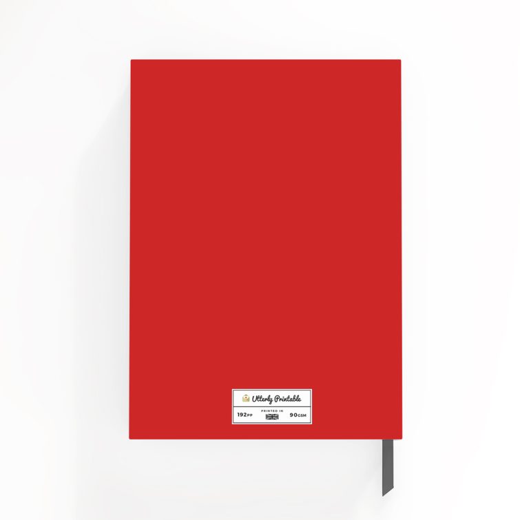 Red personalised notebook cover design with illustrative graphic, featuring text and one graphic element, suitable for weddings, funerals, and photo printing from Utterly Printable.