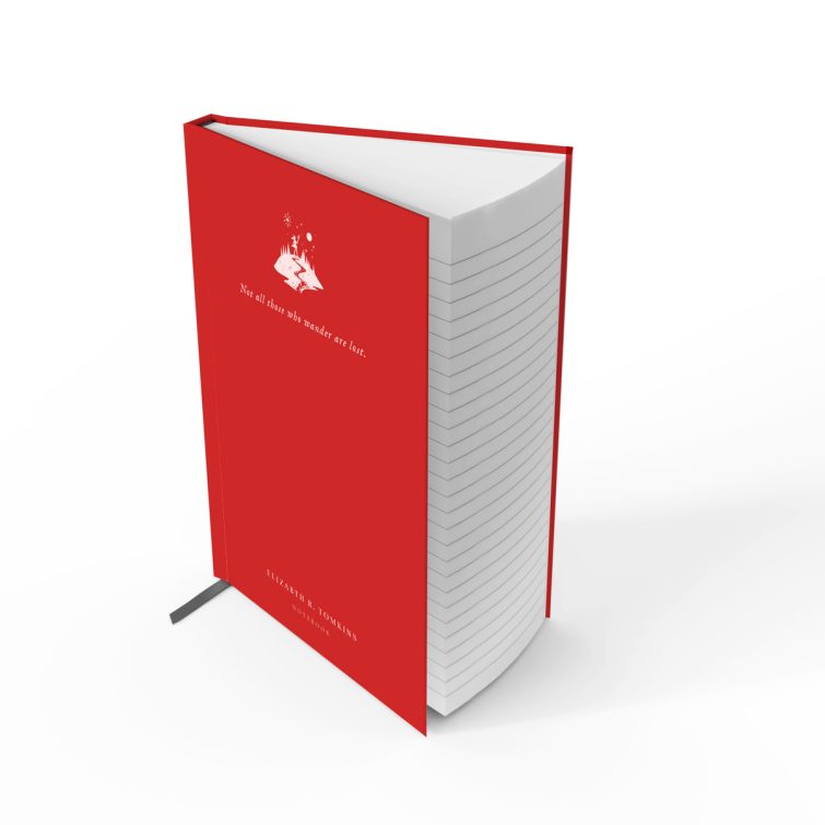 Red personalised notebook cover design with illustrative graphic, featuring text and one graphic element, suitable for weddings, funerals, and photo printing from Utterly Printable.