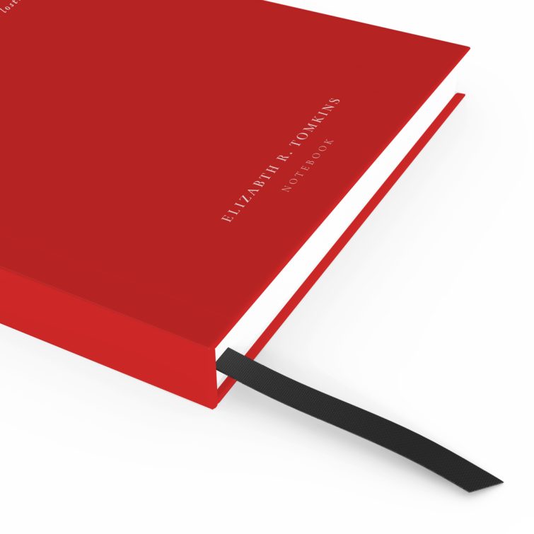 Red personalised notebook cover design with illustrative graphic, featuring text and one graphic element, suitable for weddings, funerals, and photo printing from Utterly Printable.