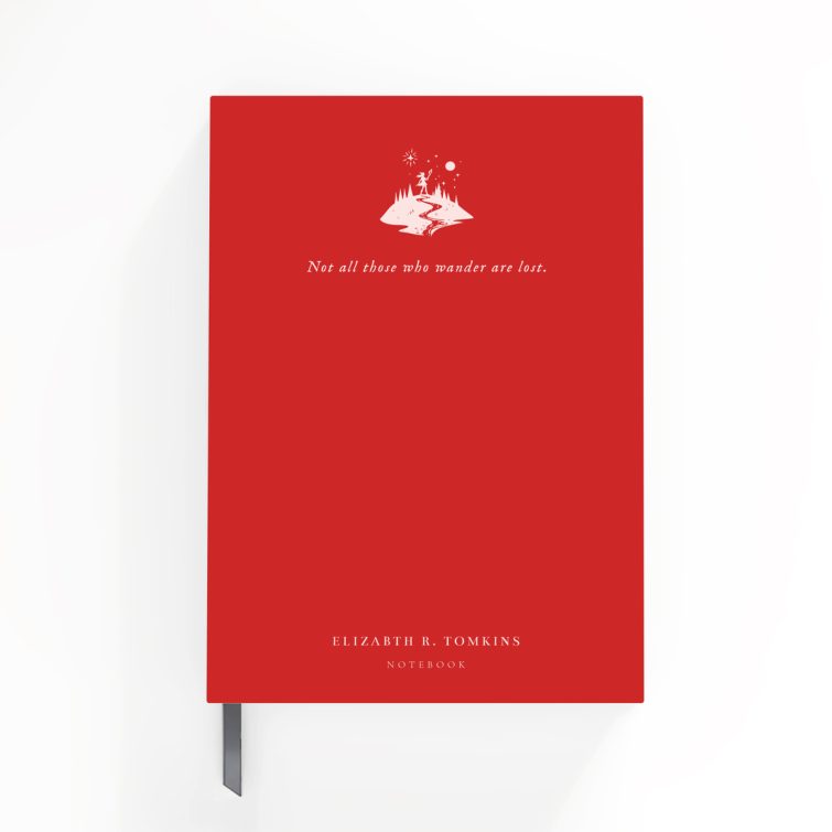 Red personalised notebook cover design with illustrative graphic, featuring text and one graphic element, suitable for weddings, funerals, and photo printing from Utterly Printable.