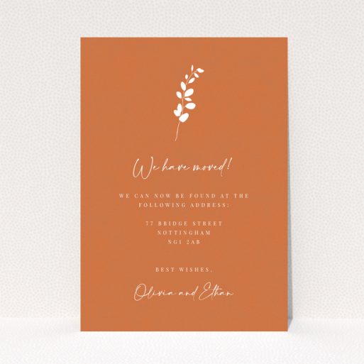 Change of address card with orange background and white floral illustration