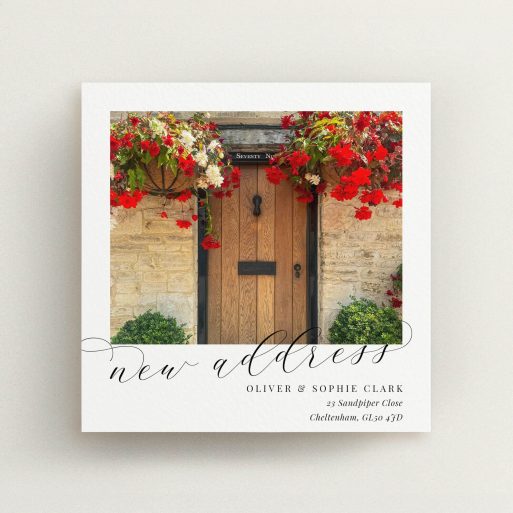Elegant Address Card Change of address card with rustic door design and vibrant floral decorations, featuring one photo