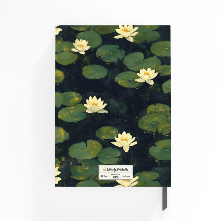 Floral lily pad design notebook cover with elegant typography, featuring 0 photos, from Utterly Printable.