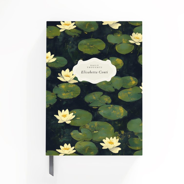 Floral lily pad design notebook cover with elegant typography, featuring 0 photos, from Utterly Printable.