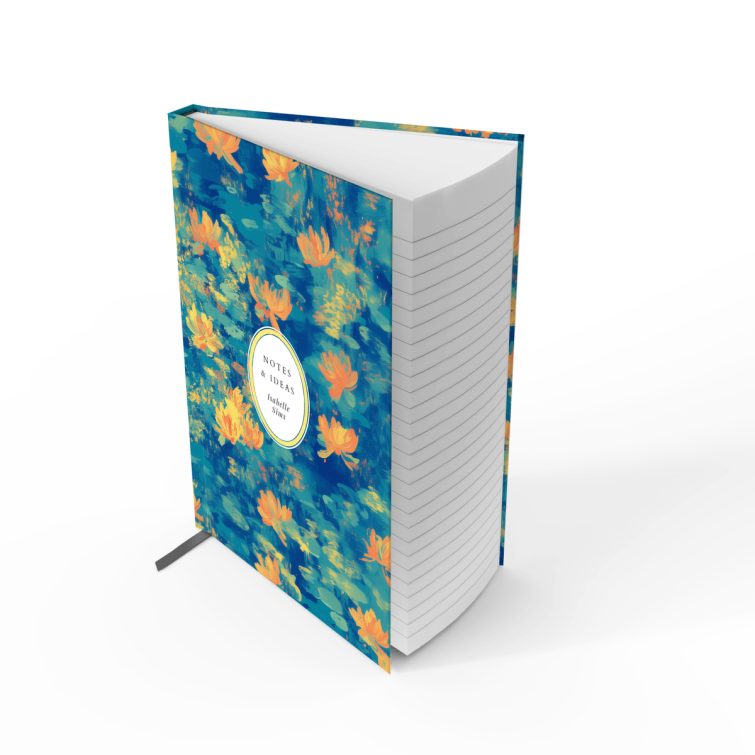 Colourful floral illustrated notebook cover design with vibrant orange and blue patterns.