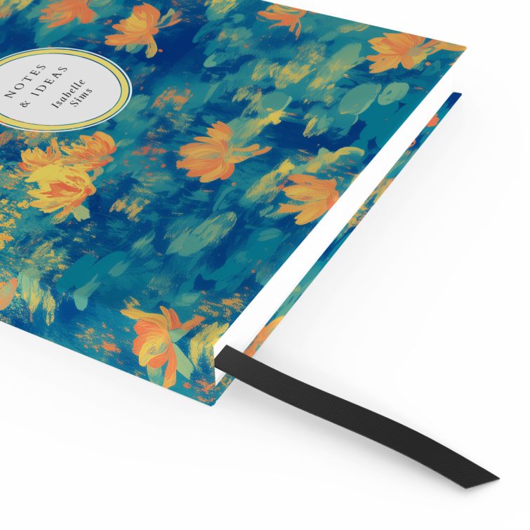 Colourful floral illustrated notebook cover design with vibrant orange and blue patterns.