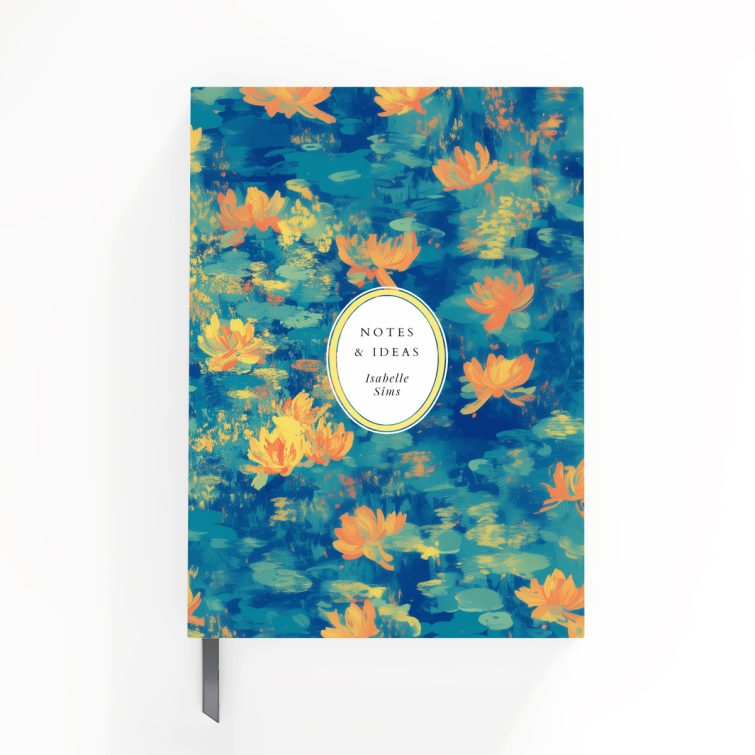 Colourful floral illustrated notebook cover design with vibrant orange and blue patterns.