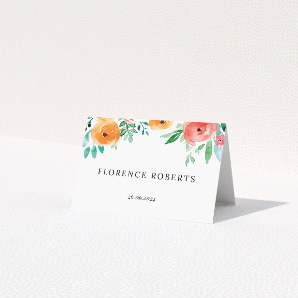 Watercolor Bliss Wedding Place Cards - Enchanting Watercolour Flowers Design. This is a view of the front