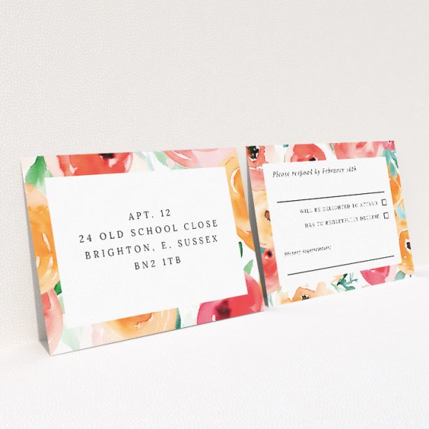 RSVP card template with enchanting watercolour flowers in coral, peach, and leafy greens, offering a blend of classic elegance and artistic whimsy for couples seeking handcrafted beauty This is a view of the back