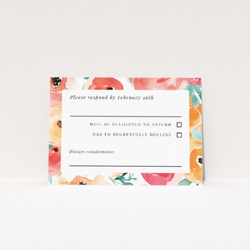 RSVP card template with enchanting watercolour flowers in coral, peach, and leafy greens, offering a blend of classic elegance and artistic whimsy for couples seeking handcrafted beauty This is a view of the front