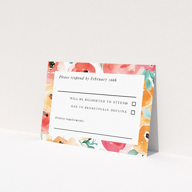 RSVP card template with enchanting watercolour flowers in coral, peach, and leafy greens, offering a blend of classic elegance and artistic whimsy for couples seeking handcrafted beauty This is a view of the front