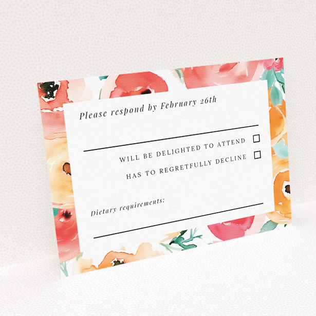 RSVP card template with enchanting watercolour flowers in coral, peach, and leafy greens, offering a blend of classic elegance and artistic whimsy for couples seeking handcrafted beauty This is a view of the back