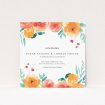 Watercolor Bliss wedding save the date card featuring a delicate wreath of hand-painted flowers in warm tones of peach, coral, and subtle greens, perfect for couples conveying their love story through an artful expression of colour and texture This is a view of the front