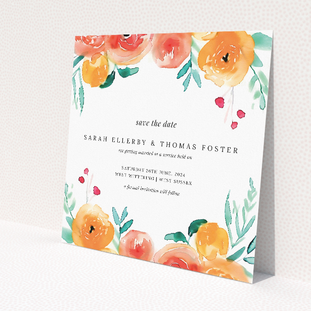 Watercolor Bliss wedding save the date card featuring a delicate wreath of hand-painted flowers in warm tones of peach, coral, and subtle greens, perfect for couples conveying their love story through an artful expression of colour and texture This is a view of the front