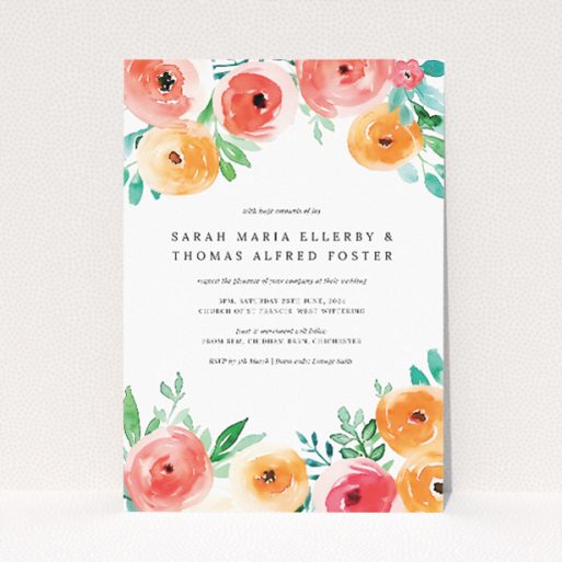 Watercolor Bliss wedding invitation with captivating array of watercolour flowers in coral, peach, and leafy greens, adding a soft and romantic touch This is a view of the front