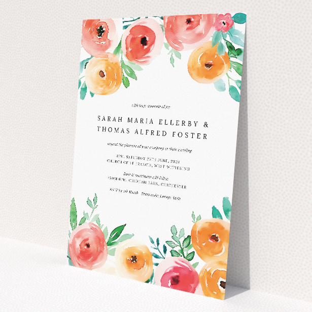 Watercolor Bliss wedding invitation with captivating array of watercolour flowers in coral, peach, and leafy greens, adding a soft and romantic touch This is a view of the front