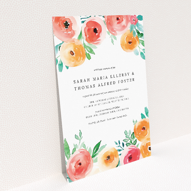 Watercolor Bliss wedding invitation with captivating array of watercolour flowers in coral, peach, and leafy greens, adding a soft and romantic touch This image shows the front and back sides together
