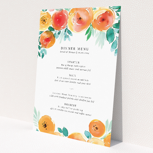 Watercolor Bliss wedding menu template with coral, peach, and leafy green watercolor flowers, elegant serif fonts, and ample white space, perfect for couples seeking timeless and romantic wedding stationery This is a view of the front