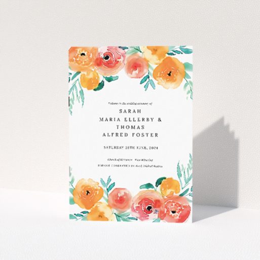 Elegant 'Watercolor Bliss' Wedding Order of Service A5 booklet featuring harmonious watercolour floral illustrations in soft oranges and greens, evoking serene joy and timeless charm This is a view of the front
