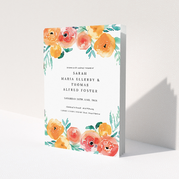 Elegant 'Watercolor Bliss' Wedding Order of Service A5 booklet featuring harmonious watercolour floral illustrations in soft oranges and greens, evoking serene joy and timeless charm This is a view of the front
