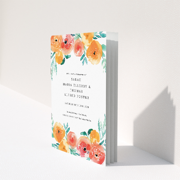 Elegant 'Watercolor Bliss' Wedding Order of Service A5 booklet featuring harmonious watercolour floral illustrations in soft oranges and greens, evoking serene joy and timeless charm This image shows the front and back sides together