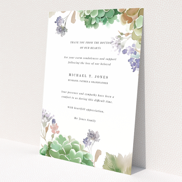 Floral funeral thank you card with placeholder text and no photos