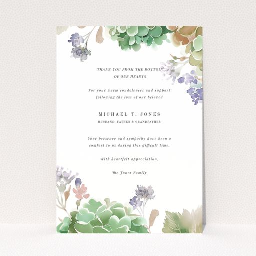 Floral funeral thank you card with placeholder text and no photos