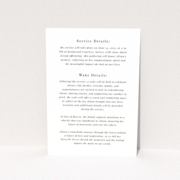 Reverse side of Portrait funeral announcement card with service and wake details