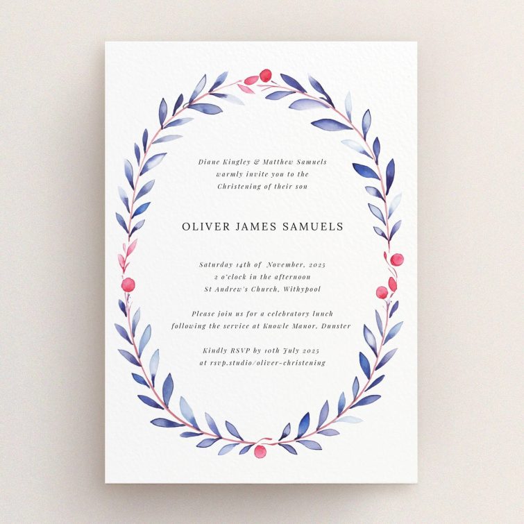 Floral christening invitation design with elegant wreath and no photos.
