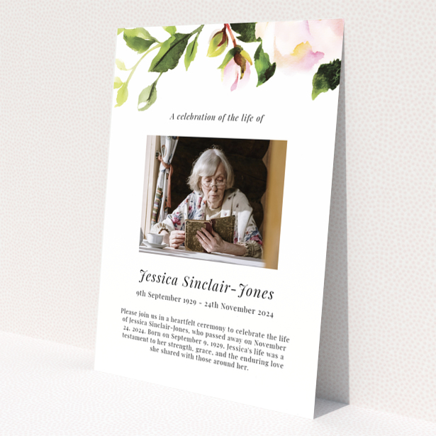 Funeral announcement design with floral embellishments and one photo