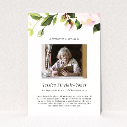 Funeral announcement design with floral embellishments and one photo