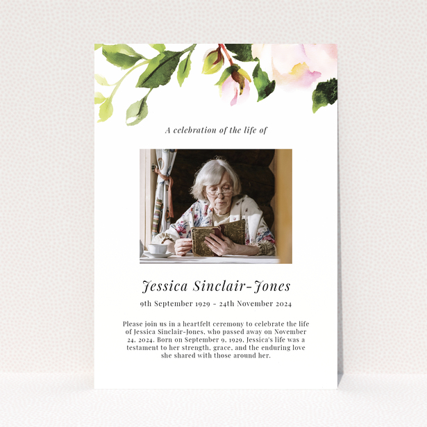 Funeral announcement design with floral embellishments and one photo