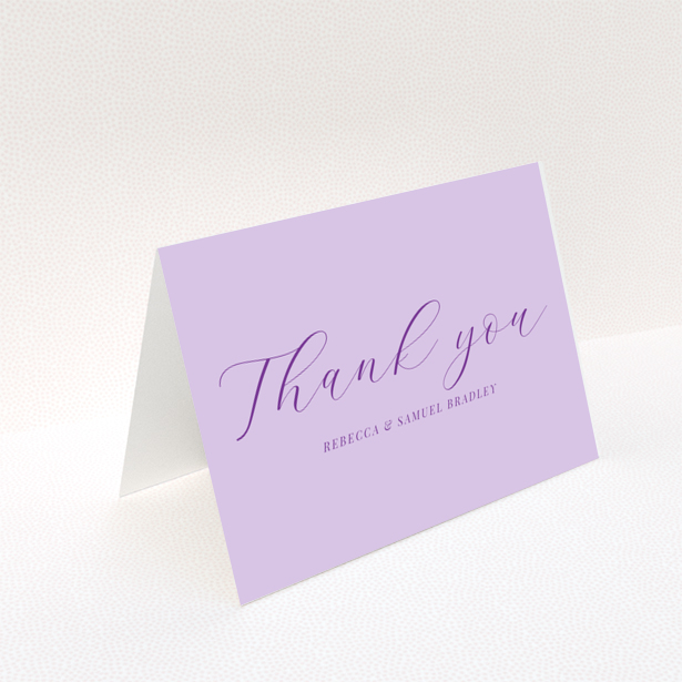 Wedding thank you card design with purple script text on a lavender background, no photos.