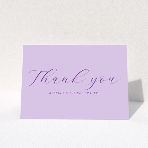 Wedding thank you card design with purple script text on a lavender background, no photos.