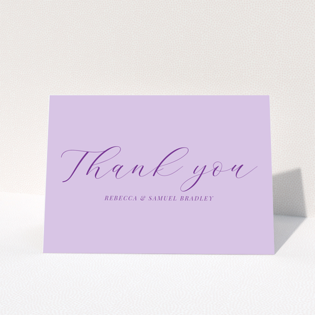 Wedding thank you card design with purple script text on a lavender background, no photos.