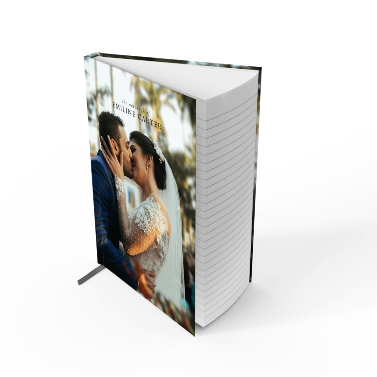 Wedding-themed personalised notebook design with one photo on cover by Utterly Printable.