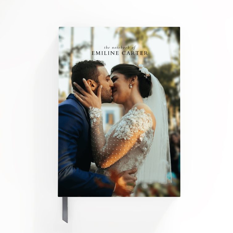 Wedding-themed personalised notebook design with one photo on cover by Utterly Printable.