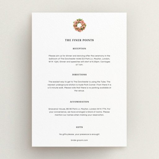 Wedding Info Sheet Design - "Acrylic Wreath" A wedding info sheet design called "Acrylic Wreath". It is an A5 card in a portrait orientation. "Acrylic Wreath" is available as a flat card, with mainly white colouring.