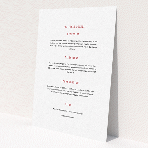 A wedding info sheet called "Answer the phone". It is an A5 card in a portrait orientation. "Answer the phone" is available as a flat card, with mainly white colouring.