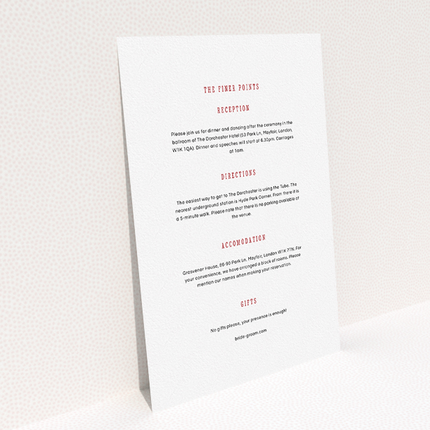 A wedding info sheet named "Answer the phone". It is an A5 card in a portrait orientation. "Answer the phone" is available as a flat card, with mainly white colouring.