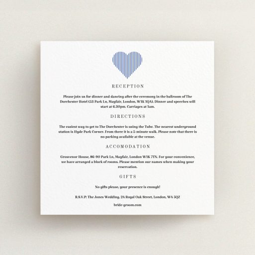 Wedding Info Sheet Design - "Between the Lines" A wedding info sheet named "Between the Lines". It is a square (148mm x 148mm) card in a square orientation. "Between the Lines" is available as a flat card, with tones of white and blue.